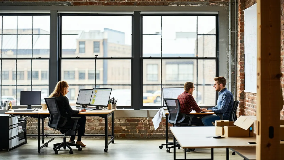 Pickrook Robotics team working in their Pittsburgh office, Strip District industrial building visible through window