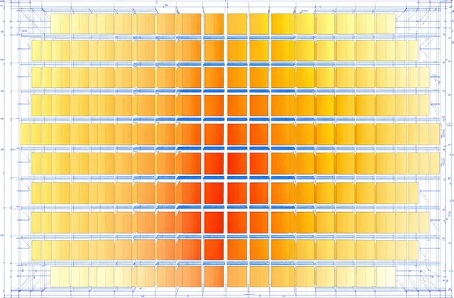Bird's-eye view bin and SKU density heatmap showing high-velocity pick zones in amber-orange and low-velocity zones in cool blue across a warehouse pick aisle grid