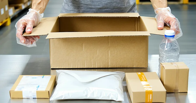 Mixed-case packing station in a fulfillment center showing various product sizes being packed into a single shipment box