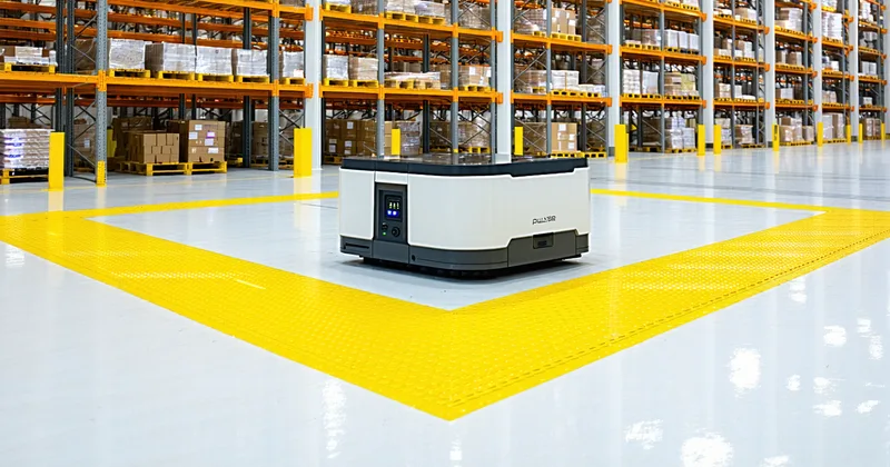 Safety markings around a robotic pick cell in a warehouse, showing OSHA-compliant yellow perimeter lines and light-curtain sensors