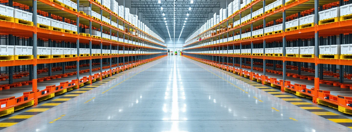 Wide-angle view of a 3PL warehouse pick aisle with multi-client shelf zones and a robotic pick cell in the foreground