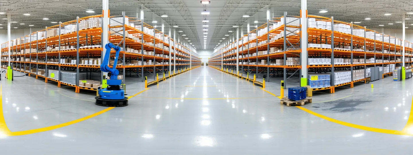 Fulfillment center pick zone with automated pick cells alongside a human pick station