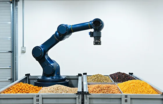 Robotic pick arm with vision camera identifying a product SKU in a warehouse bin