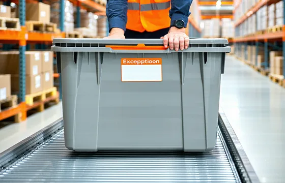 Exception tote on a conveyor routed to human worker pick station in a warehouse